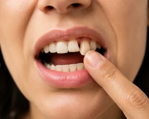 Close-up of a person showing a loose upper front tooth with finger touch