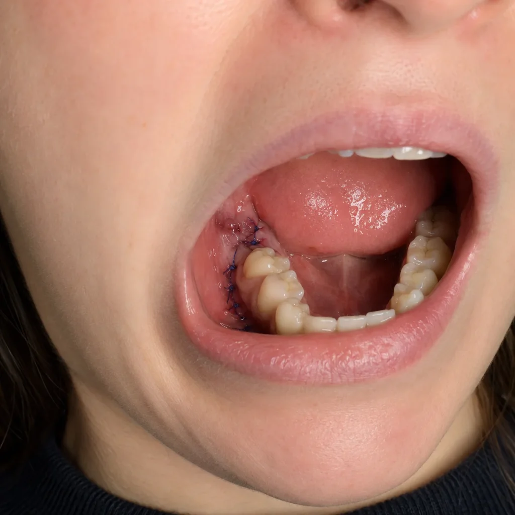 A female patient’s mouth showing wisdom tooth stitches along lower molars