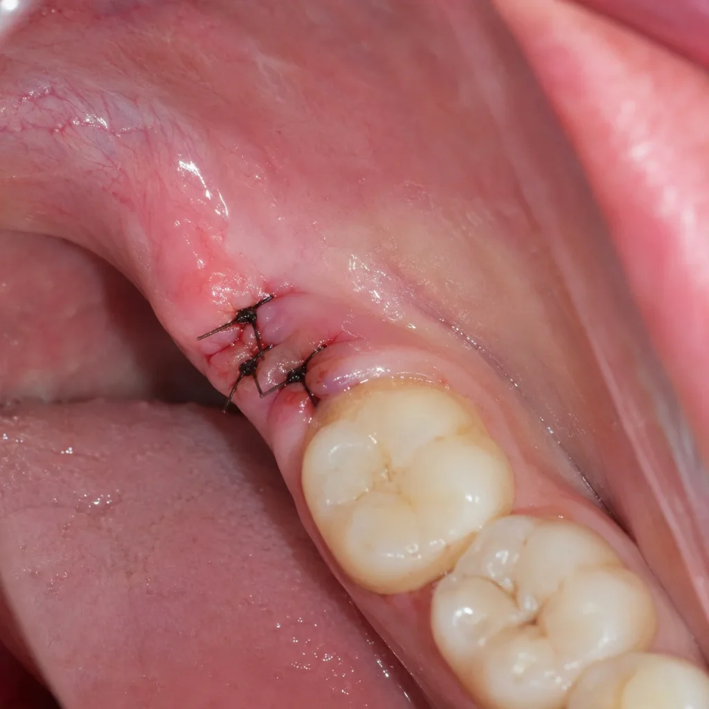 Close-up of back molar with wisdom tooth stitches on pink healing gum tissue