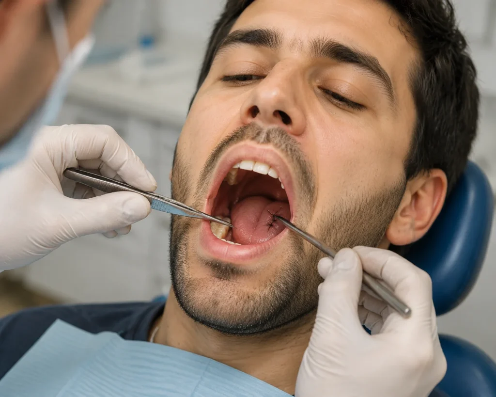 Dentist removing wisdom tooth stitches from male patient using dental instruments in clinic