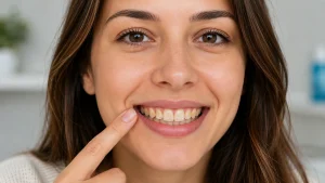 Woman pointing to visible Yellow spots on teeth and natural tooth discoloration