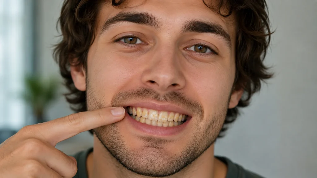 Man showing Yellow spots on teeth before dental whitening treatment