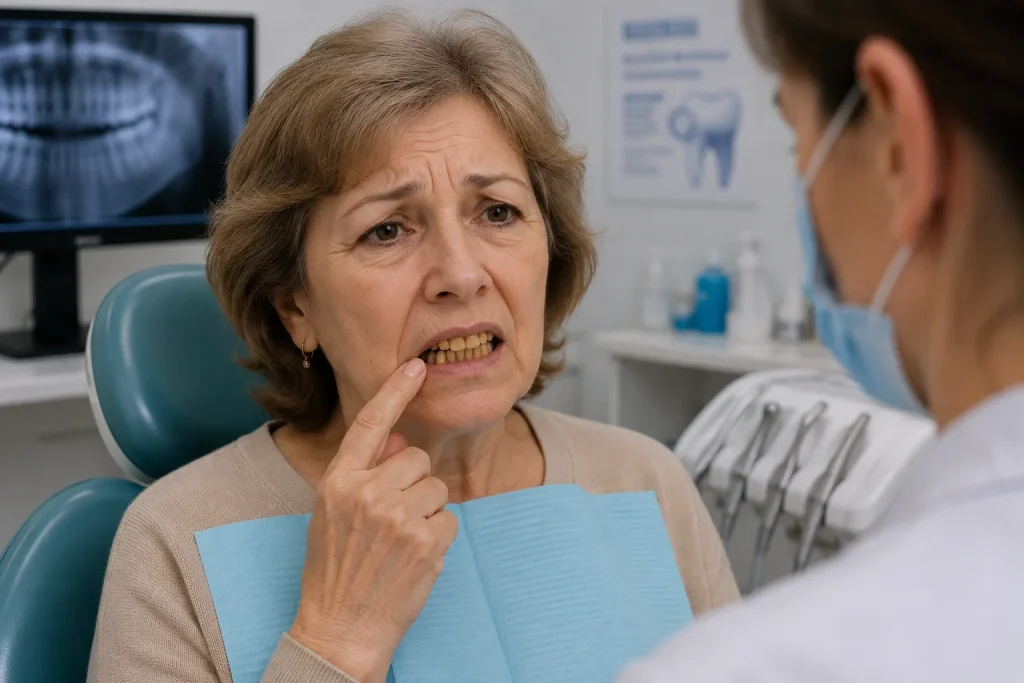 Senior woman pointing to visible Yellow spots on teeth during dental consultation