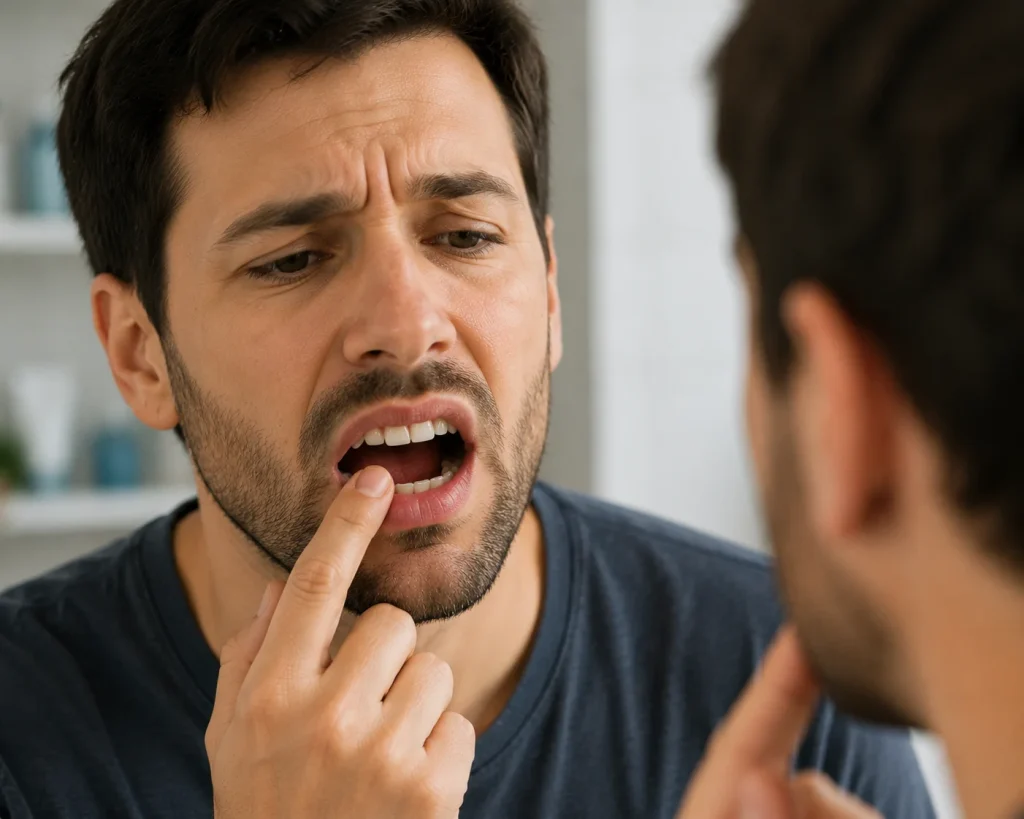 Man examining his loose lower tooth in mirror, pointing inside mouth with finger
