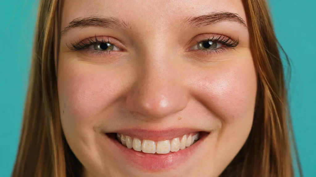 Young woman smiling with clear Yellow spots on teeth natural tooth discoloration