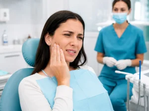 Patient experiencing teeth soreness after cleaning in a dental clinic.