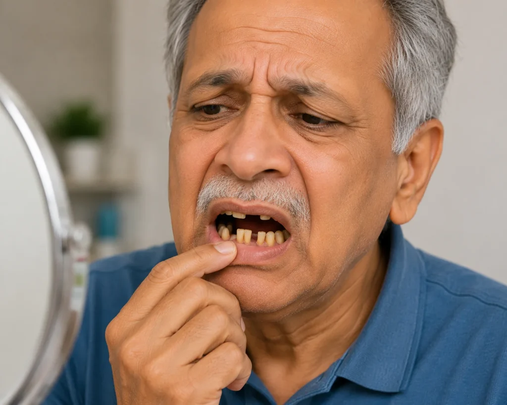Older man examining his loose lower front tooth in mirror with finger
