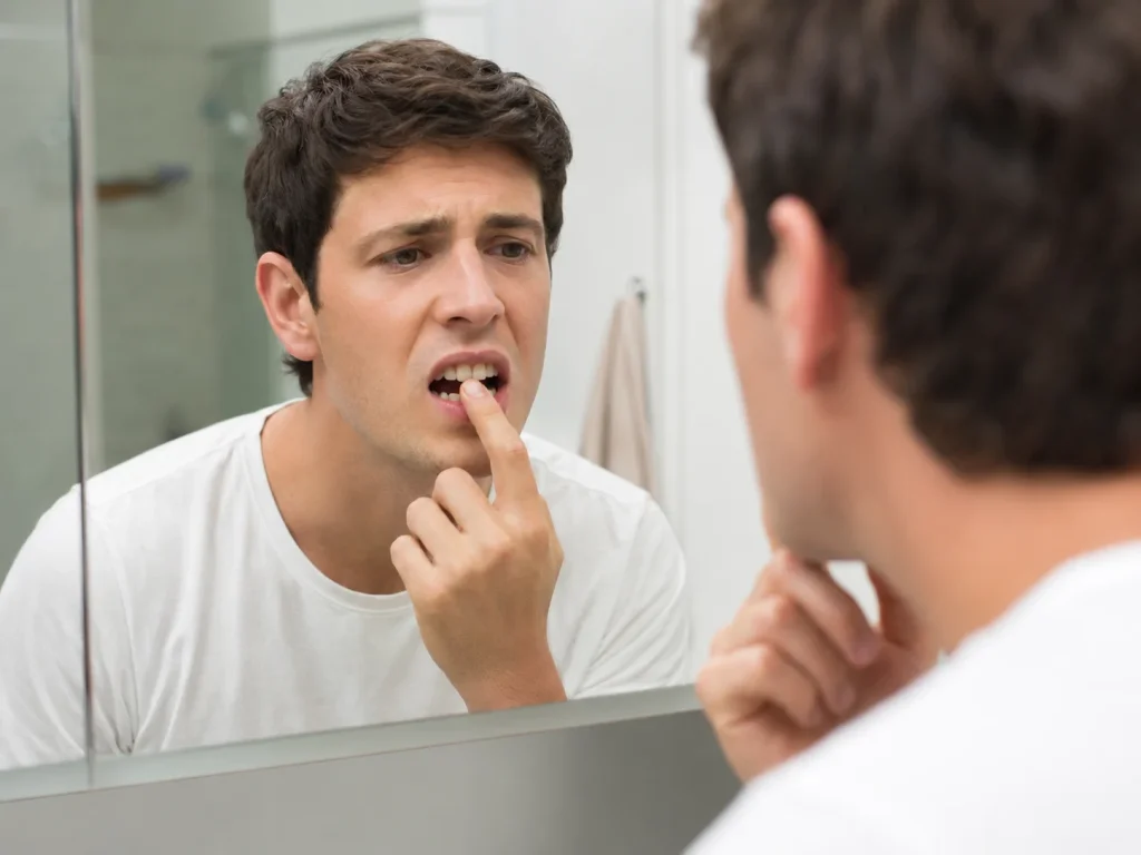 Man looks worried while touching a permanent loose tooth in the mirror