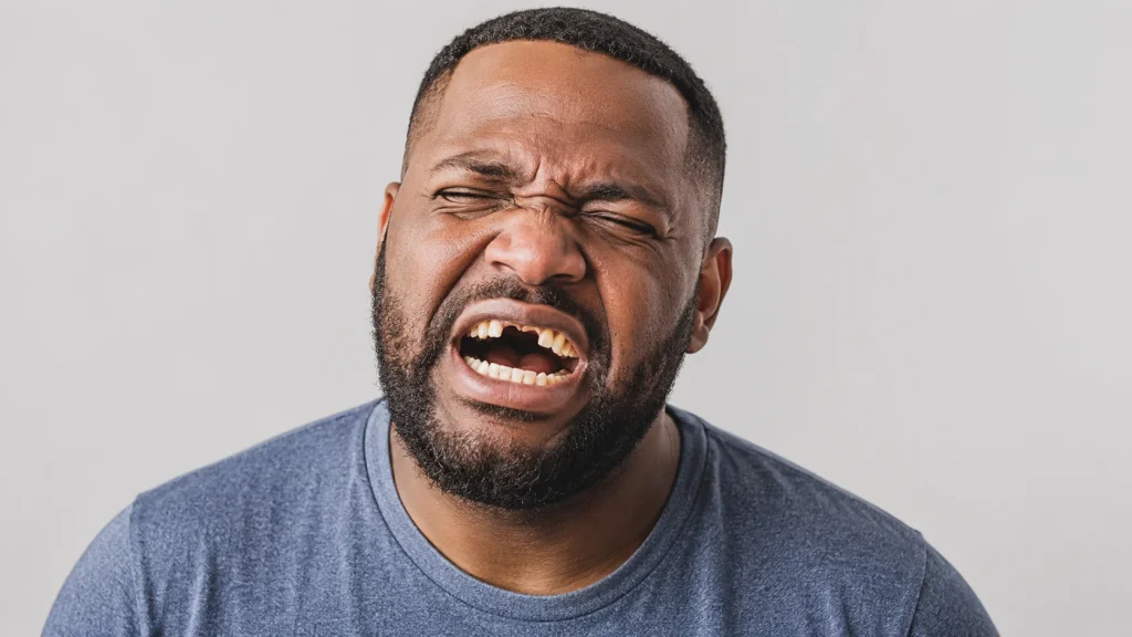 Man looking uncomfortable while showing a gap where a tooth falls out but does not hurt.