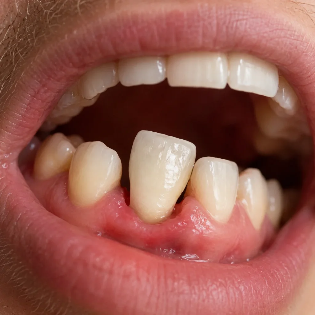 Close-up of a loose lower front tooth with red swollen gums inside mouth