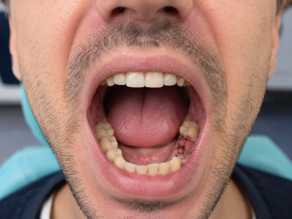 Man with open mouth showing healing gum and dissolvable stitches.