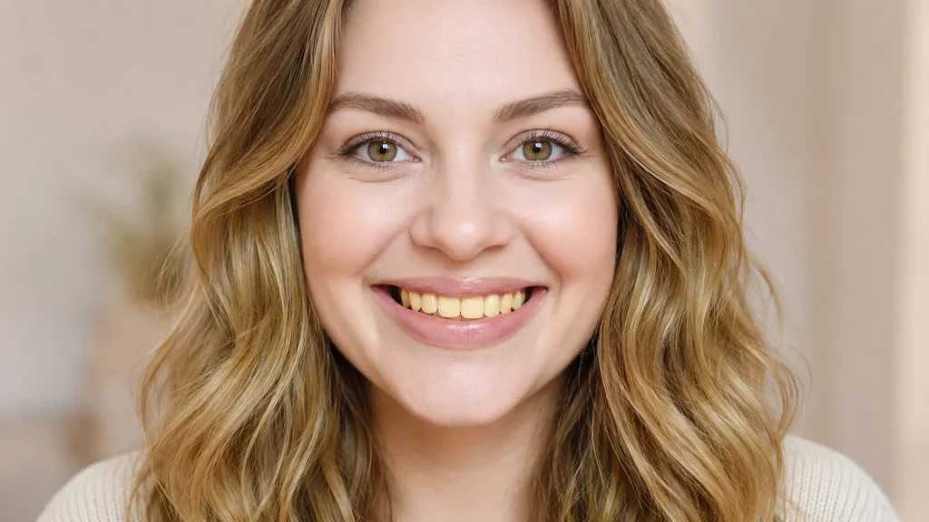 Young woman smiling with visible yellow color of teeth in a close-up portrait