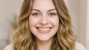 Young woman smiling with visible yellow color of teeth in a close-up portrait