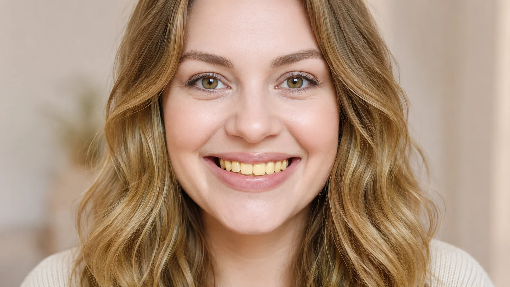 Young woman smiling with visible yellow color of teeth in a close-up portrait
