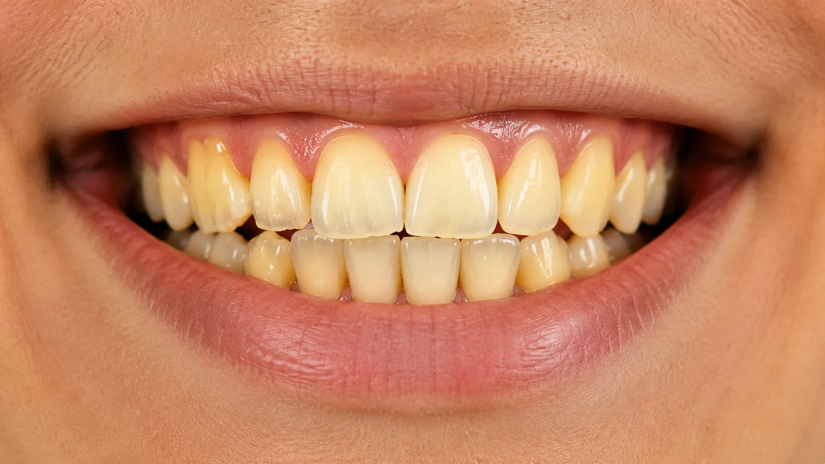 Smile close up showing yellow teeth and natural tooth shade