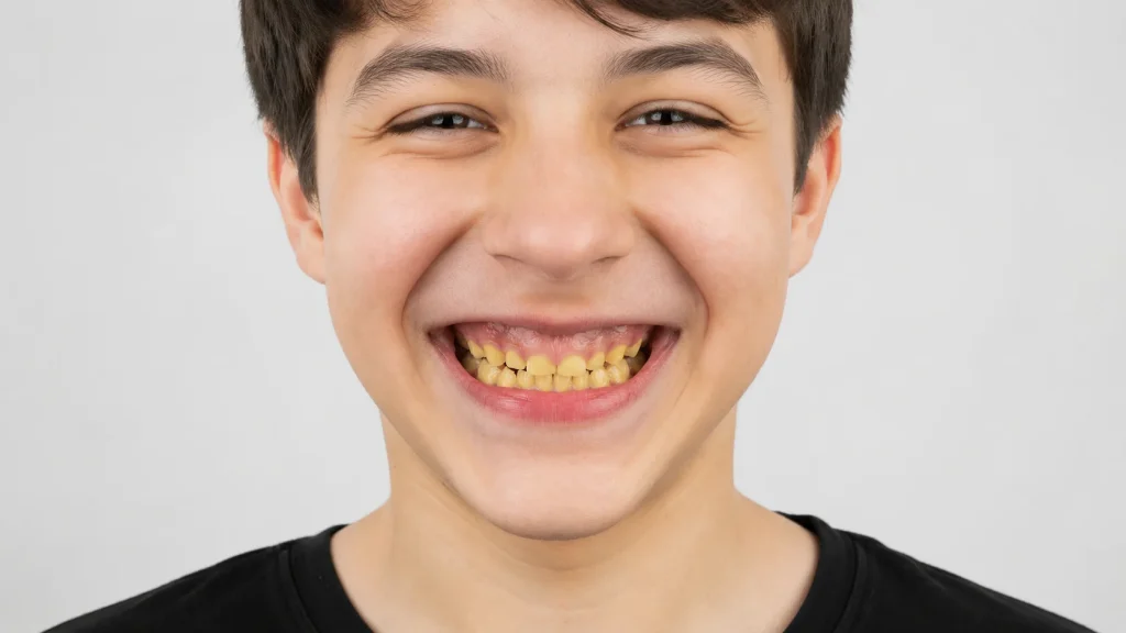 Boy smiling naturally with yellow teeth clearly visible