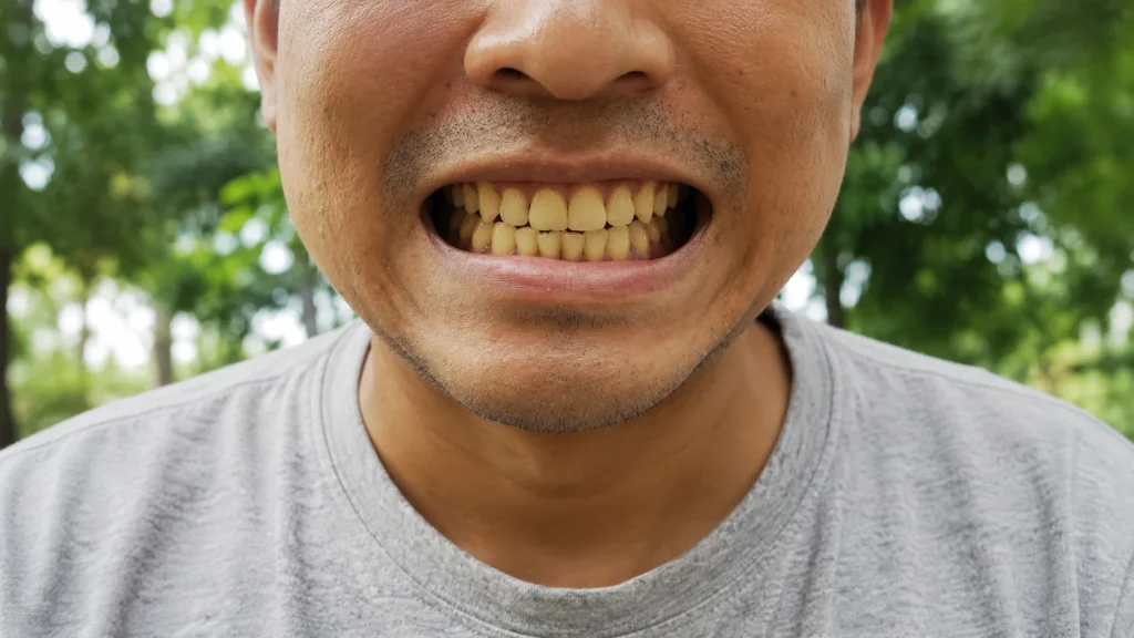Man showing yellow teeth in a natural daylight photo