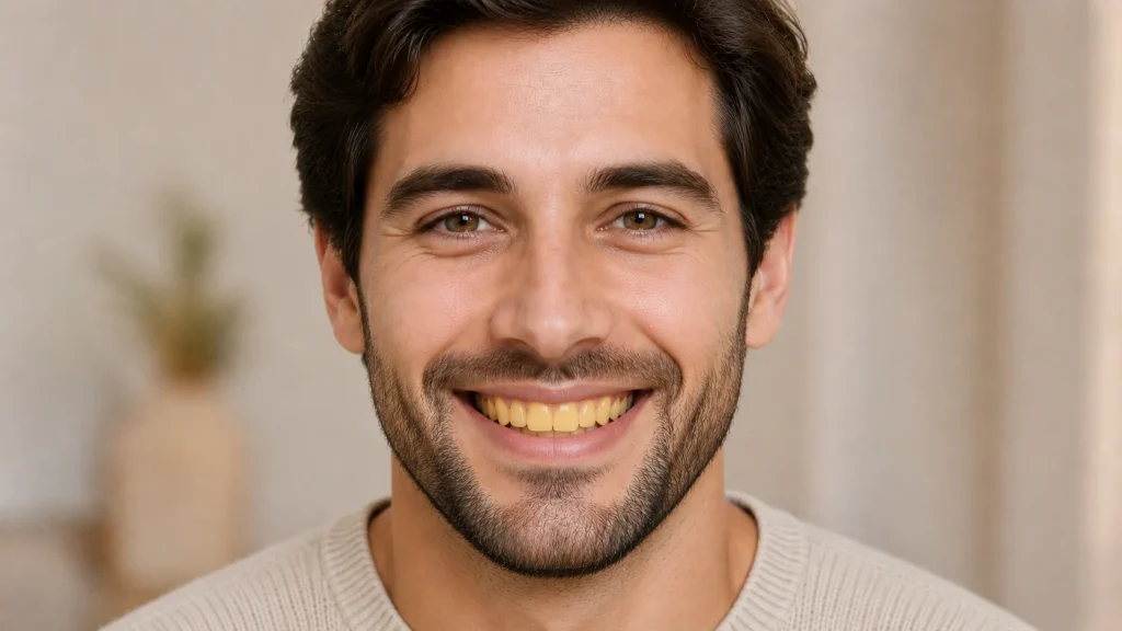 Smiling man with stained smile and visible yellow color of teeth