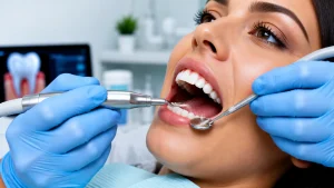 Dentist performing deep cleaning teeth treatment with dental tools in a clinic.