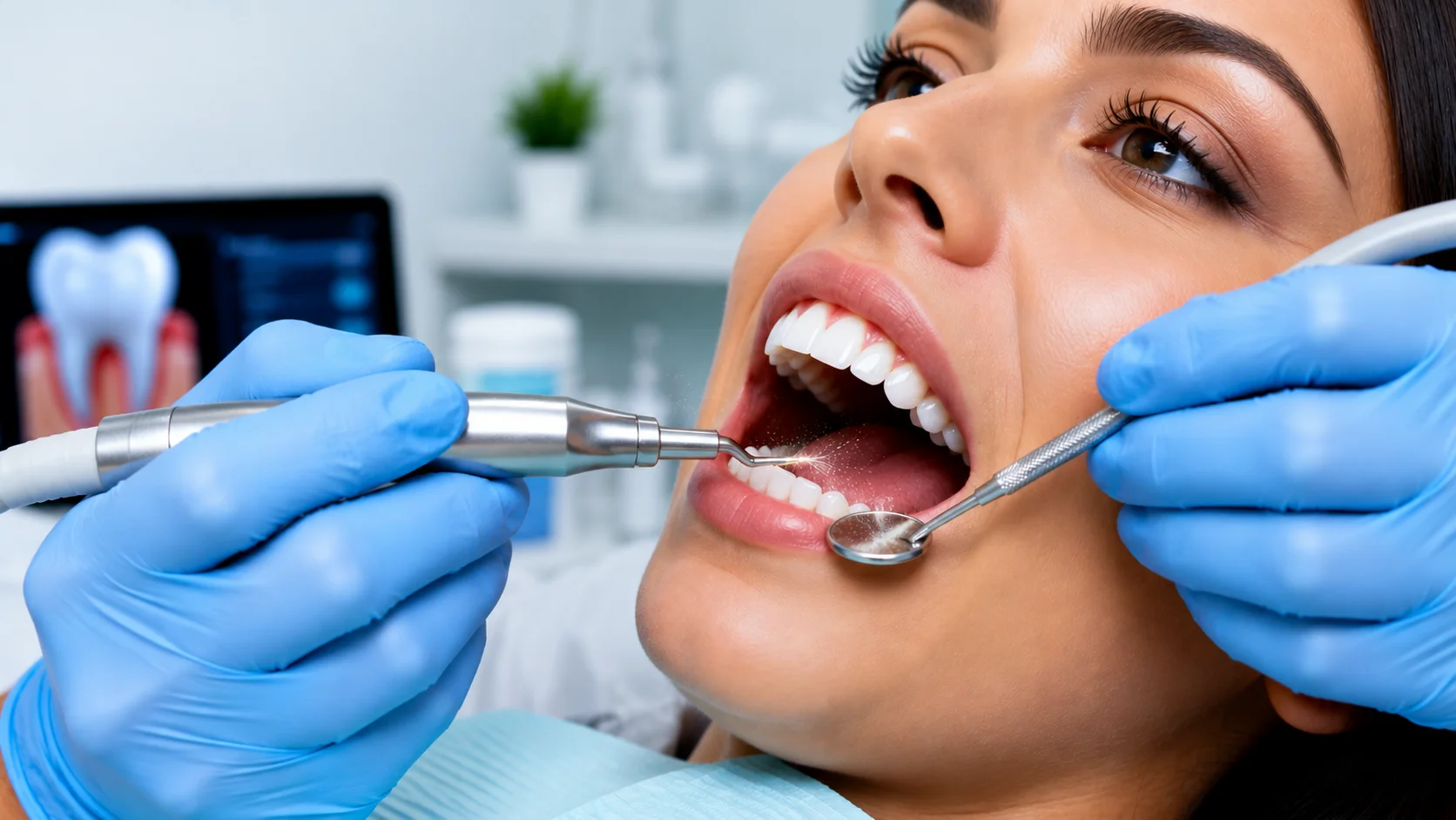 Dentist performing deep cleaning teeth treatment with dental tools in a clinic.