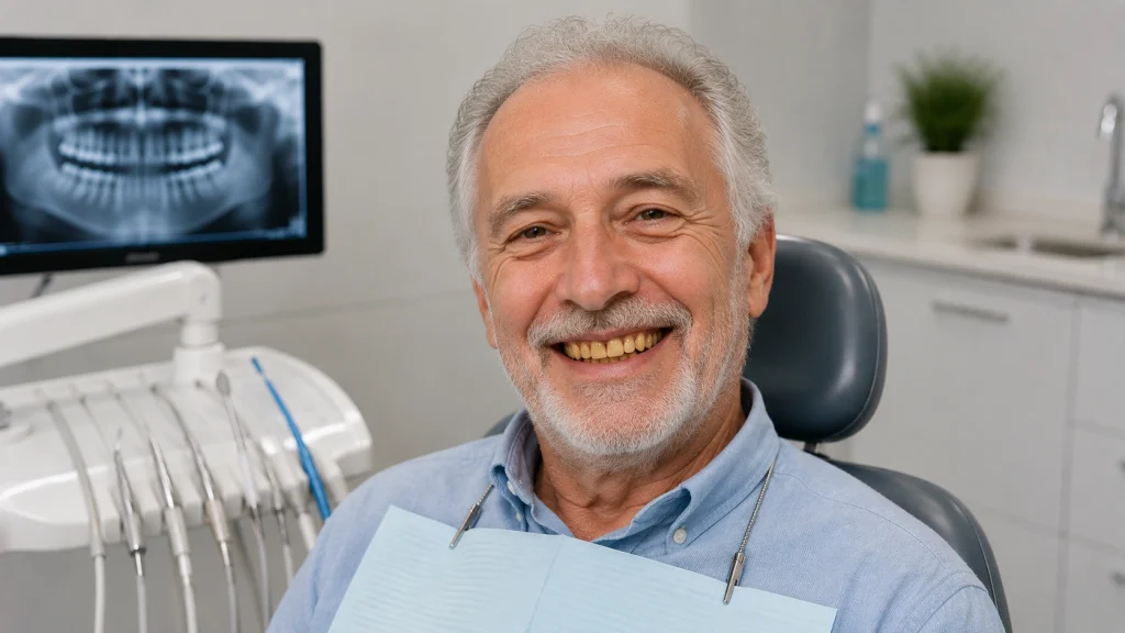 Senior man with visible yellow color of teeth sitting in a dental clinic chair before professional teeth whitening treatment