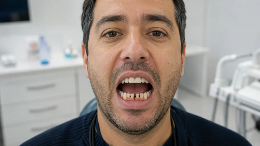 Man showing teeth feel loose with open mouth during dental clinic check.