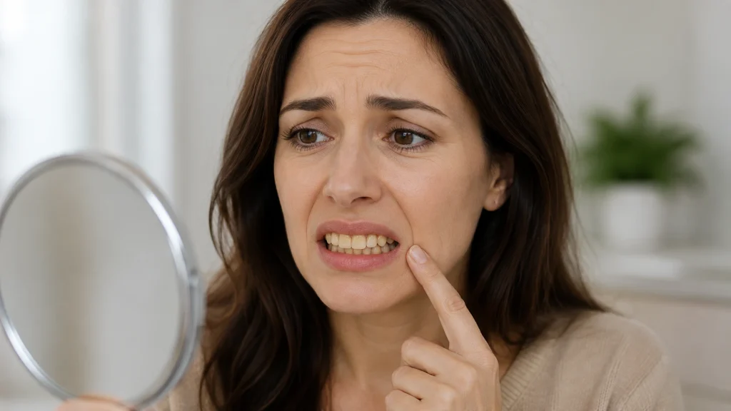 Worried woman checking yellow color of teeth in a mirror before teeth whitening treatment