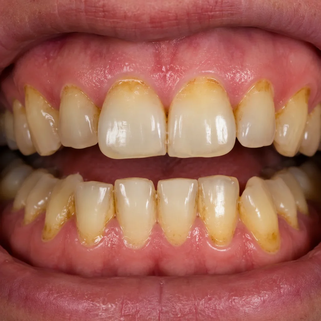Yellow teeth stains visible on upper and lower teeth near the gumline in a close-up mouth view