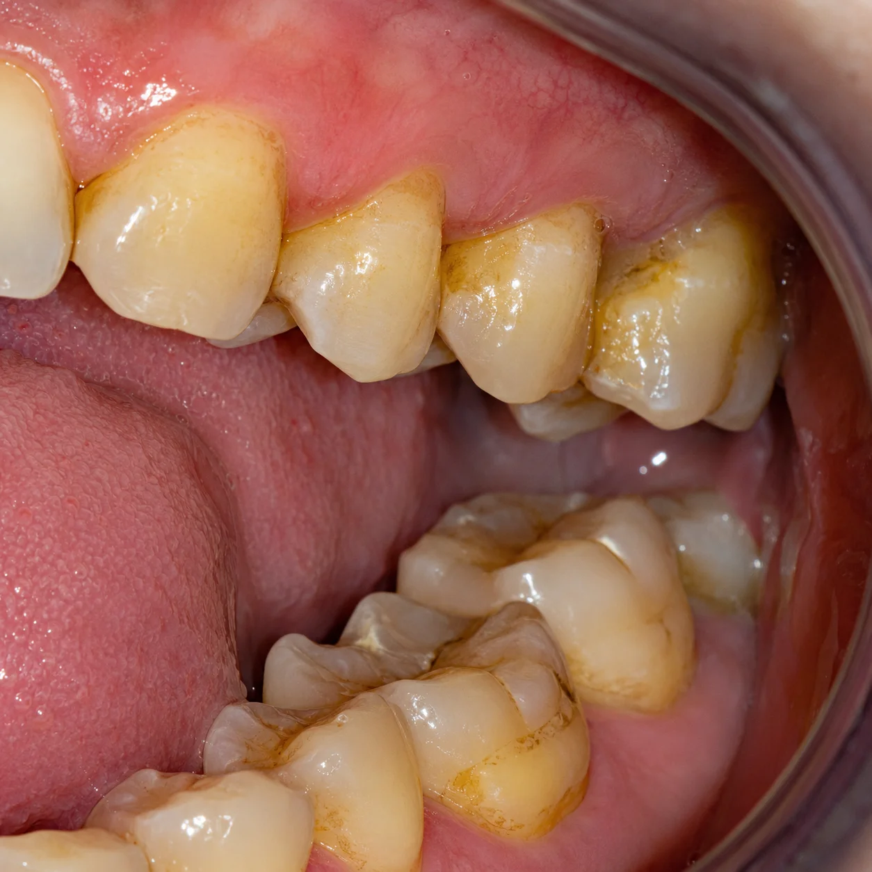 Close-up side view of teeth with yellow staining and plaque buildup near the gumline and molars