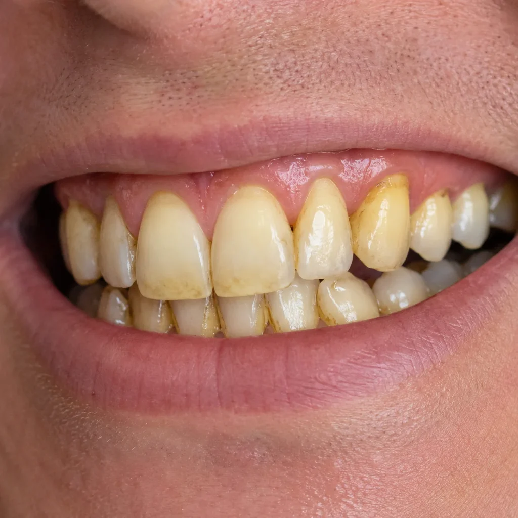 Close-up of a smile showing yellow teeth stains and plaque buildup along the gumline