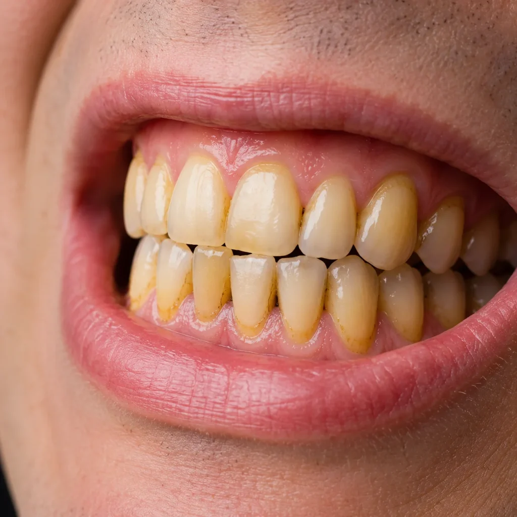 Yellow teeth stains and discoloration visible on front teeth
