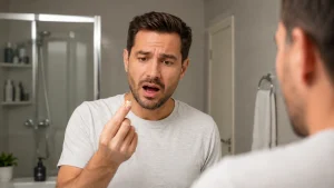 Man looking worried in a bathroom mirror while holding a tooth after it falls out but it does not hurt.