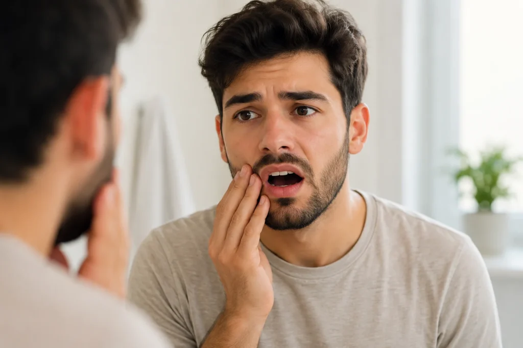 Adult male looking concerned after a tooth falls but it does not hurt, indicating possible gum disease.