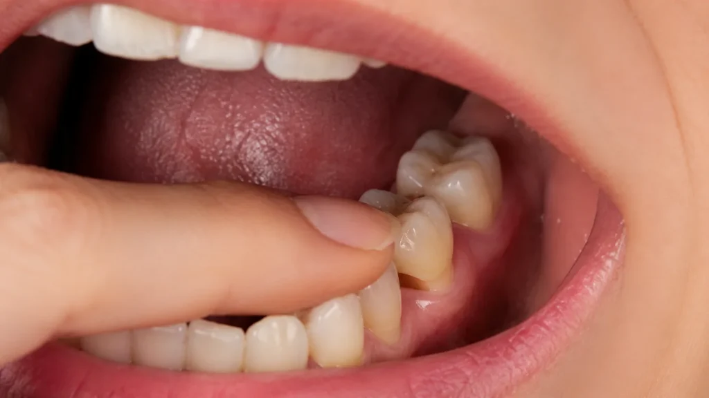 A person gently moving a back tooth that is loose but still attached while checking for dental discomfort and tooth mobility.