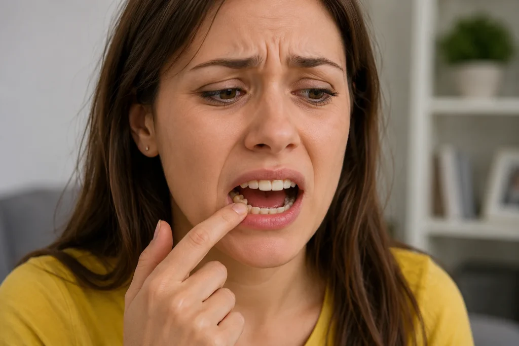 Concerned woman touching a back tooth that is loose but still attached while experiencing dental discomfort and checking tooth movement at home.