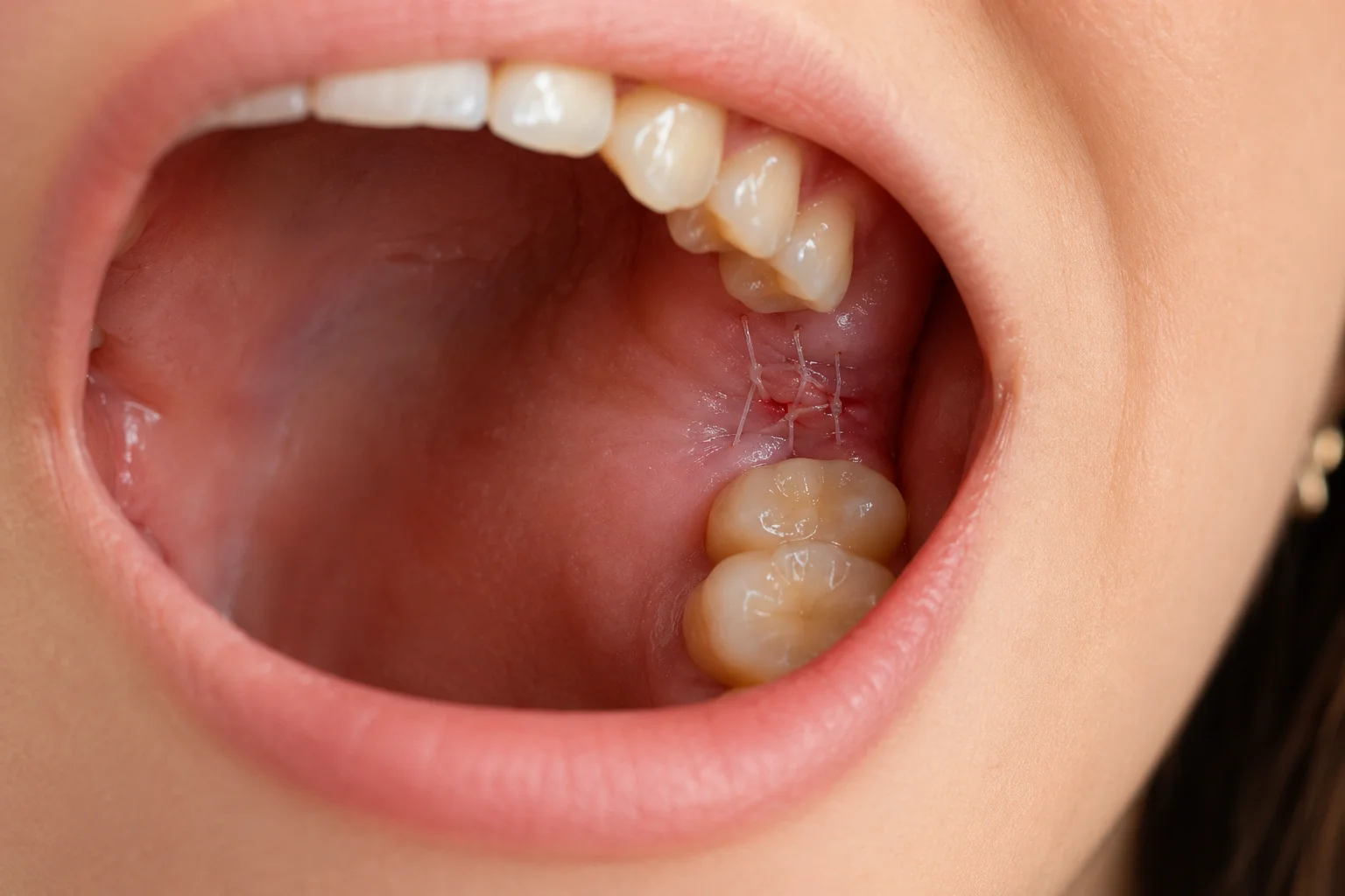 Woman with dissolvable stitches after tooth extraction showing a healing extraction site near the back molars.