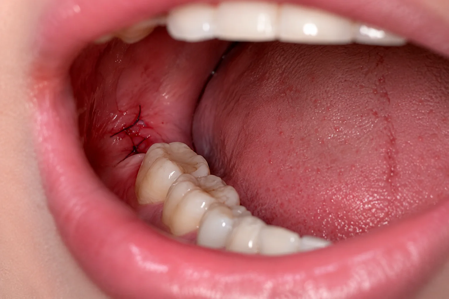 Wisdom tooth removal recovery showing gum tissue and sutures after wisdom tooth stitches fell out.