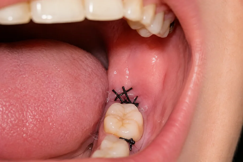 Inside-mouth dental recovery photo showing a wisdom tooth extraction wound and sutures after wisdom tooth stitches fell out.