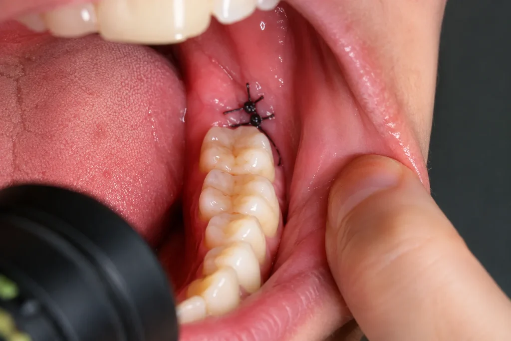 Dental examination showing a healing extraction site after wisdom tooth stitches fell out near the back molars.