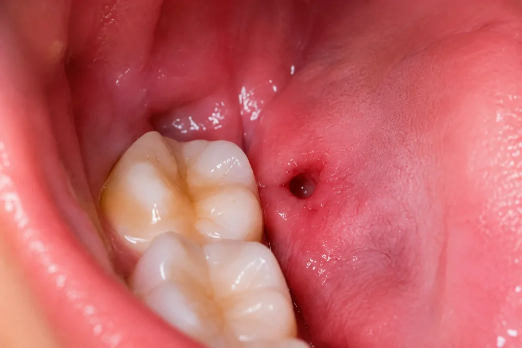 Wisdom tooth removal site with visible socket and healing gum tissue after wisdom tooth stitches fell out.
