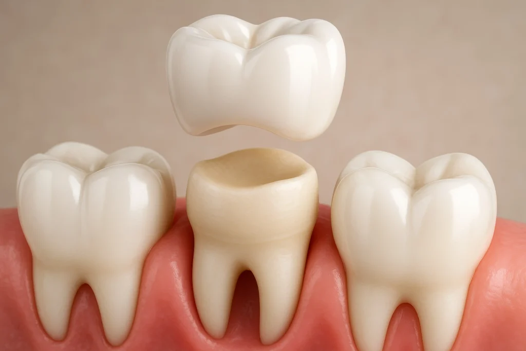 How much does a dental crown cost? Illustration of a porcelain dental crown placed over a prepared tooth