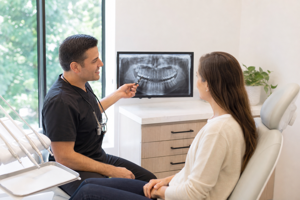 Dentist reviewing an endodontic X-ray with a patient in Cudahy