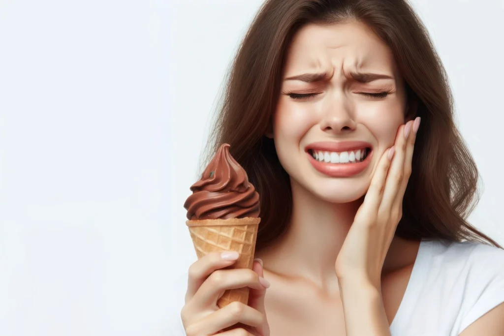 Woman experiencing tooth sensitivity and pain while eating cold ice cream