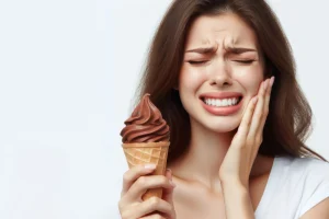Woman experiencing tooth sensitivity and pain while eating cold ice cream